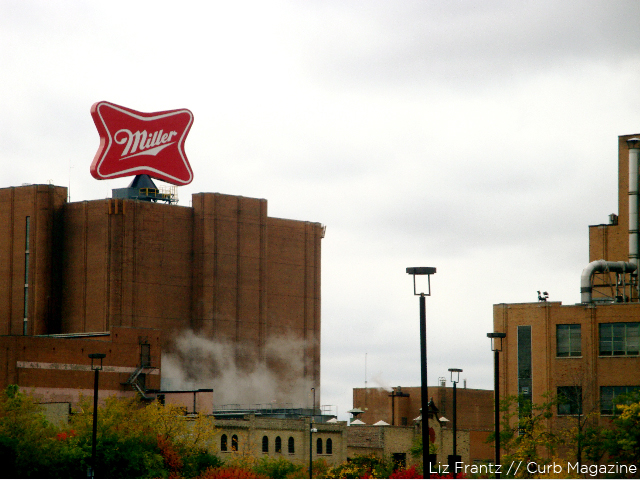 Miller's vintage beer label sign marks the brewery's location from the highway. Click photo for a gallery of Miller Brewery photos.
