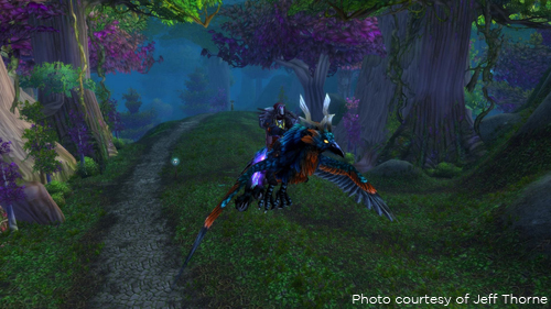 A Rogue flying on a Hippogryph through Ashenvale, en route to Azshara. Click on screenshot to view gallery of World of Warcraft screenshots courtesy of Jeff Thorne.