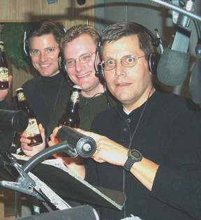 From left: Dick, John, and Jake Leinenkugel record one of their well-known radio ads over a few beers.Photo courtesy of Leinenkugel’s Brewing Co.