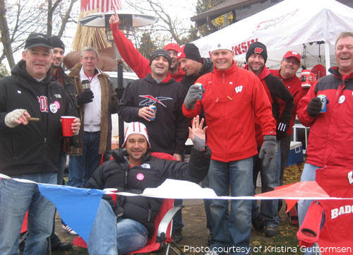 A group of Wisconsin fans enjoy a Saturday afternoon tailgate outside of Camp Randall.