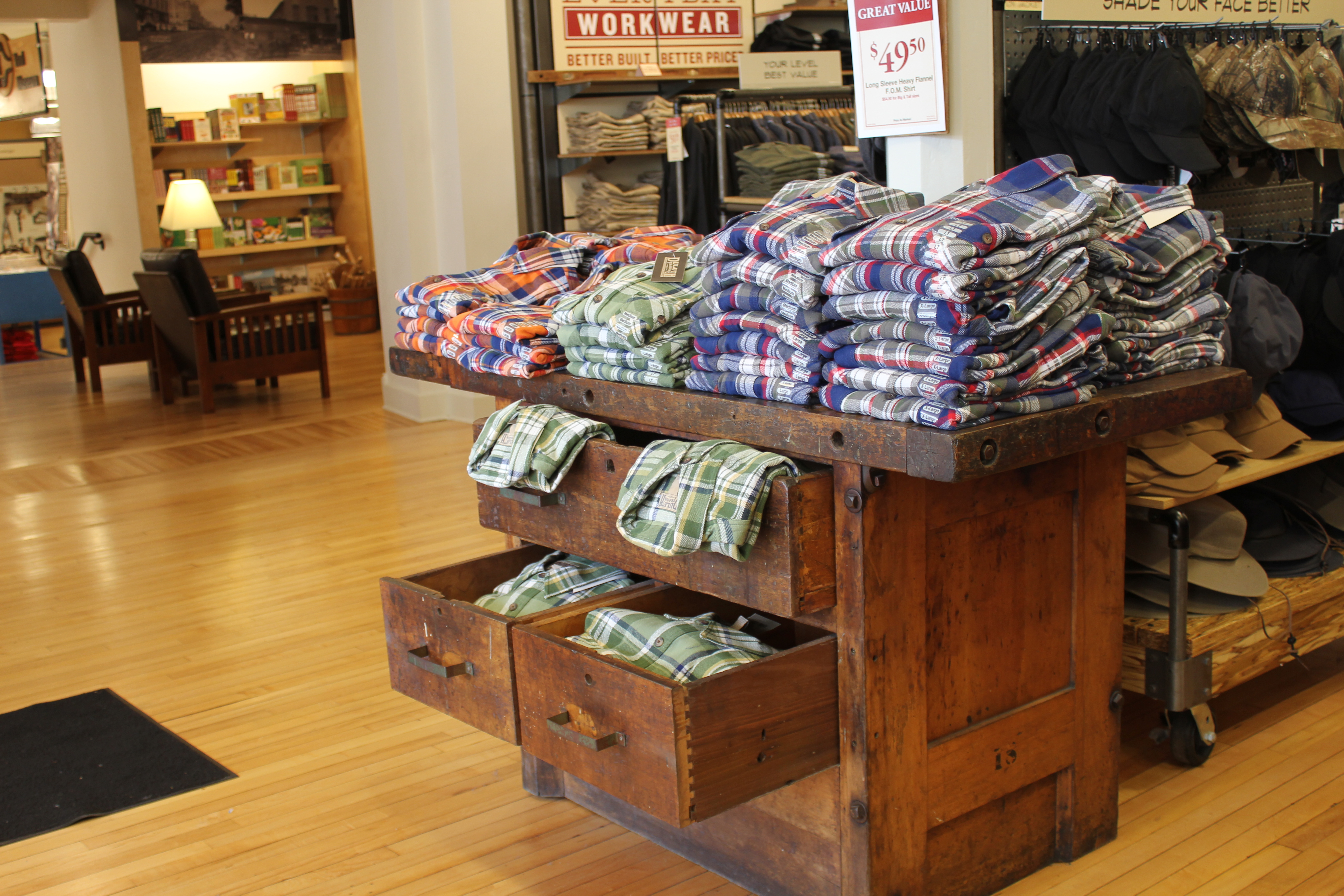 Flannels sit on a table from the original Mt. Horeb hardware store. Photo by Sarah Schupanitz