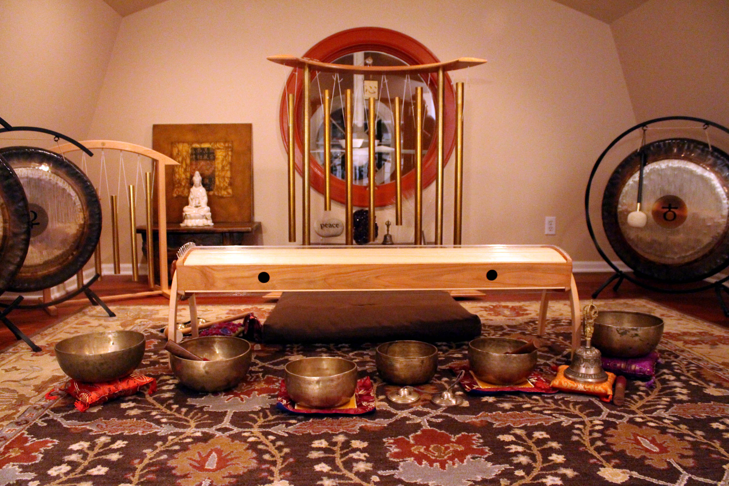 The Cloud Room, where Lee Ann Dzelzkalns leads her private sound journeys, surrounds the participant with her instruments. 
Photo by: Stephanie Wezelman