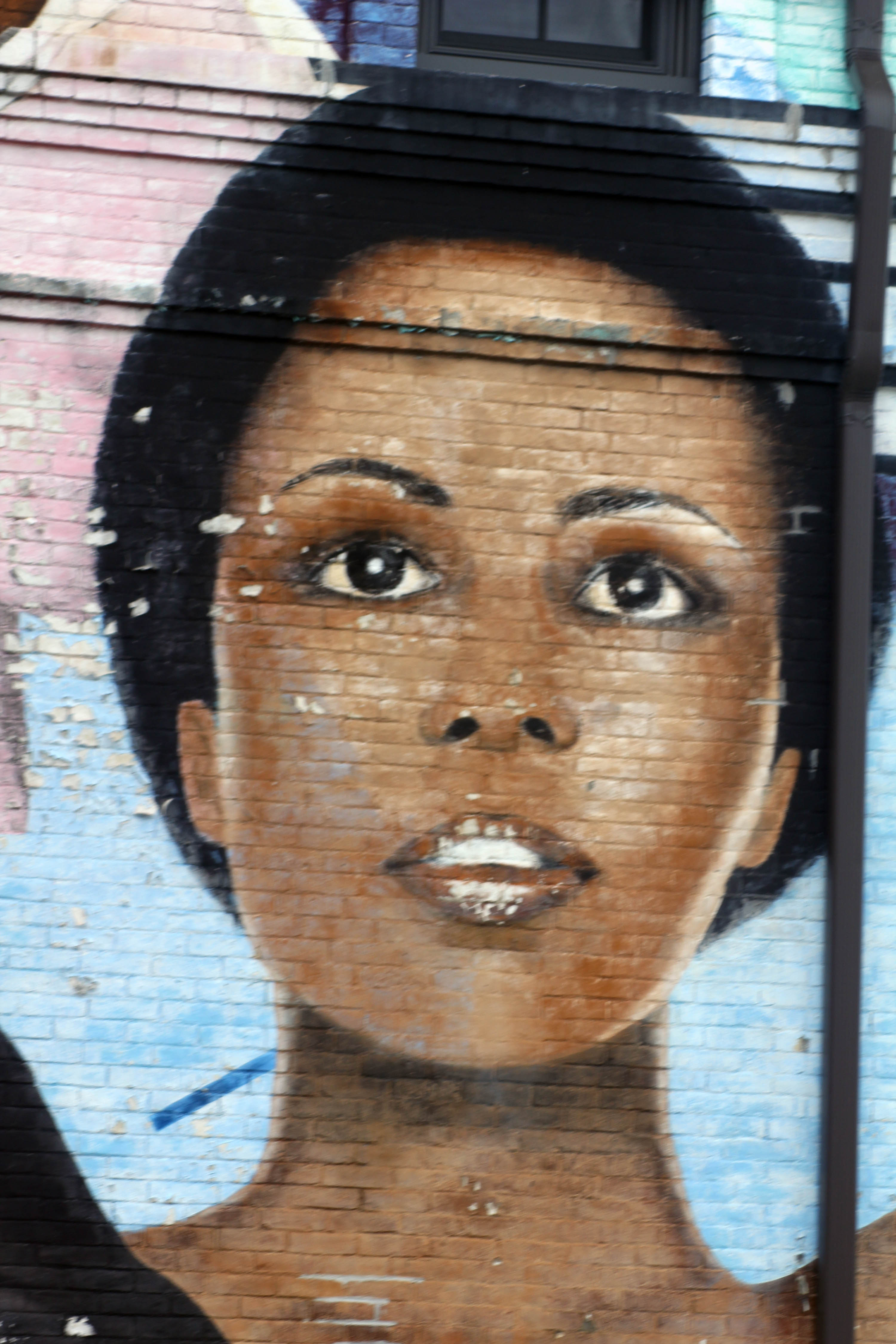 An image of an African American woman looks out from the right of the Inner City Arts Council Mural.